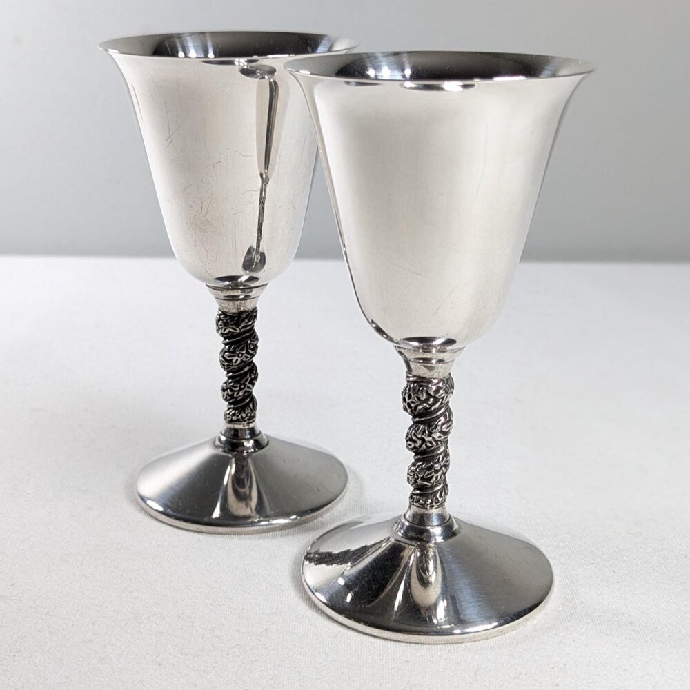 2 Vintage Primrose Plate Small Wine cups 2.5 oz, Silver Plated Stemmed Cordial